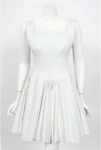 1990 Azzedine Alaia Ivory White Waffle-Cotton Backless Skater Mini Dress