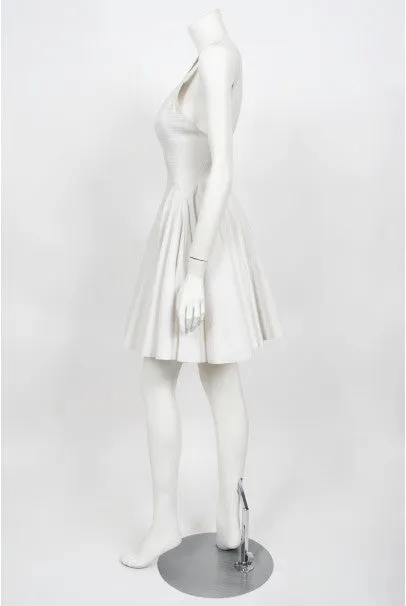 1990 Azzedine Alaia Ivory White Waffle-Cotton Backless Skater Mini Dress