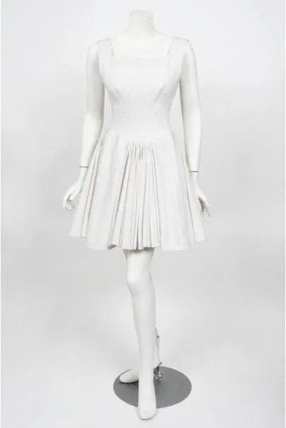 1990 Azzedine Alaia Ivory White Waffle-Cotton Backless Skater Mini Dress