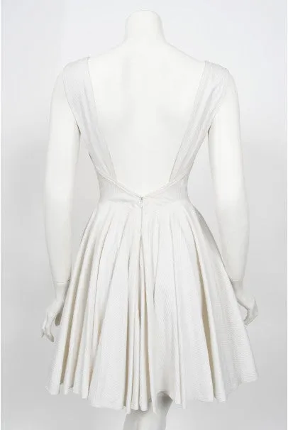 1990 Azzedine Alaia Ivory White Waffle-Cotton Backless Skater Mini Dress