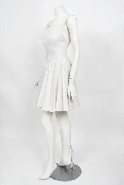 1990 Azzedine Alaia Ivory White Waffle-Cotton Backless Skater Mini Dress