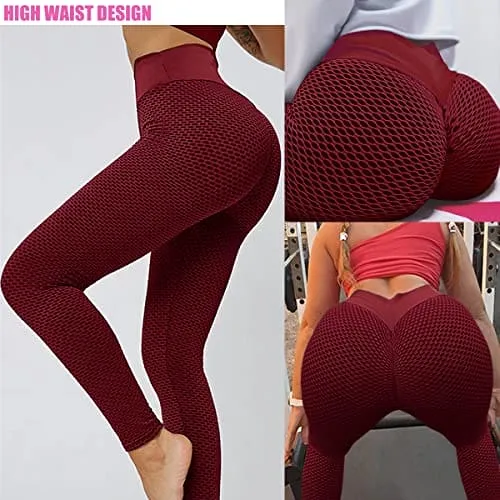 AIMILIA Textured Anti Cellulite Leggings for Women High Waisted Yoga Pants Workout Tummy Control Sport Tights - Y-tight-red