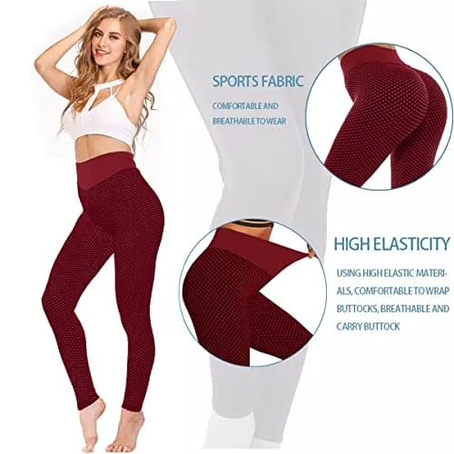 AIMILIA Textured Anti Cellulite Leggings for Women High Waisted Yoga Pants Workout Tummy Control Sport Tights - Y-tight-red