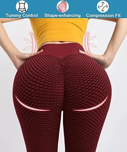 AIMILIA Textured Anti Cellulite Leggings for Women High Waisted Yoga Pants Workout Tummy Control Sport Tights - Y-tight-red