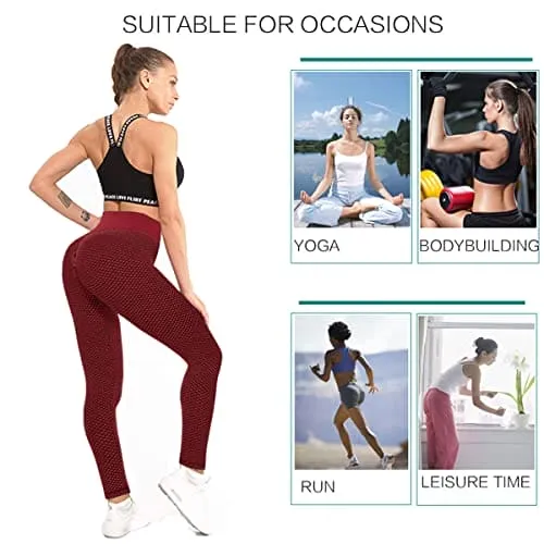 AIMILIA Textured Anti Cellulite Leggings for Women High Waisted Yoga Pants Workout Tummy Control Sport Tights - Y-tight-red