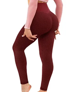 AIMILIA Textured Anti Cellulite Leggings for Women High Waisted Yoga Pants Workout Tummy Control Sport Tights - Y-tight-red