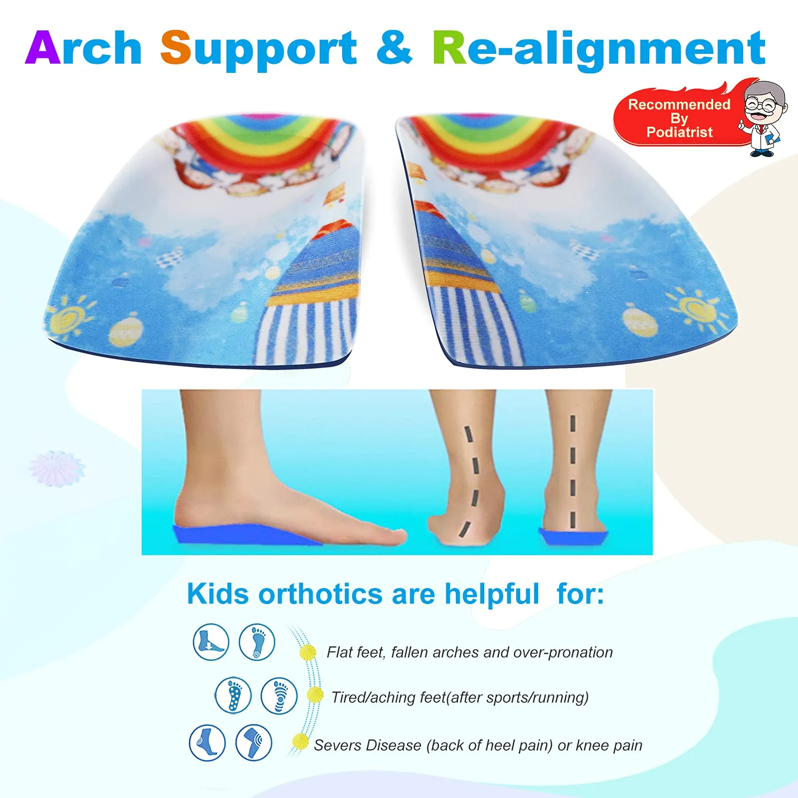 Arch Support Insole for Kids Shoes, Size K Orthotic Shoes Inserts for Kids, 3/4 Length Inserts for Children’s Heel Pain, Flat Feet, Plantar Fasciitis, Pronation Size K for ages 6 to 10