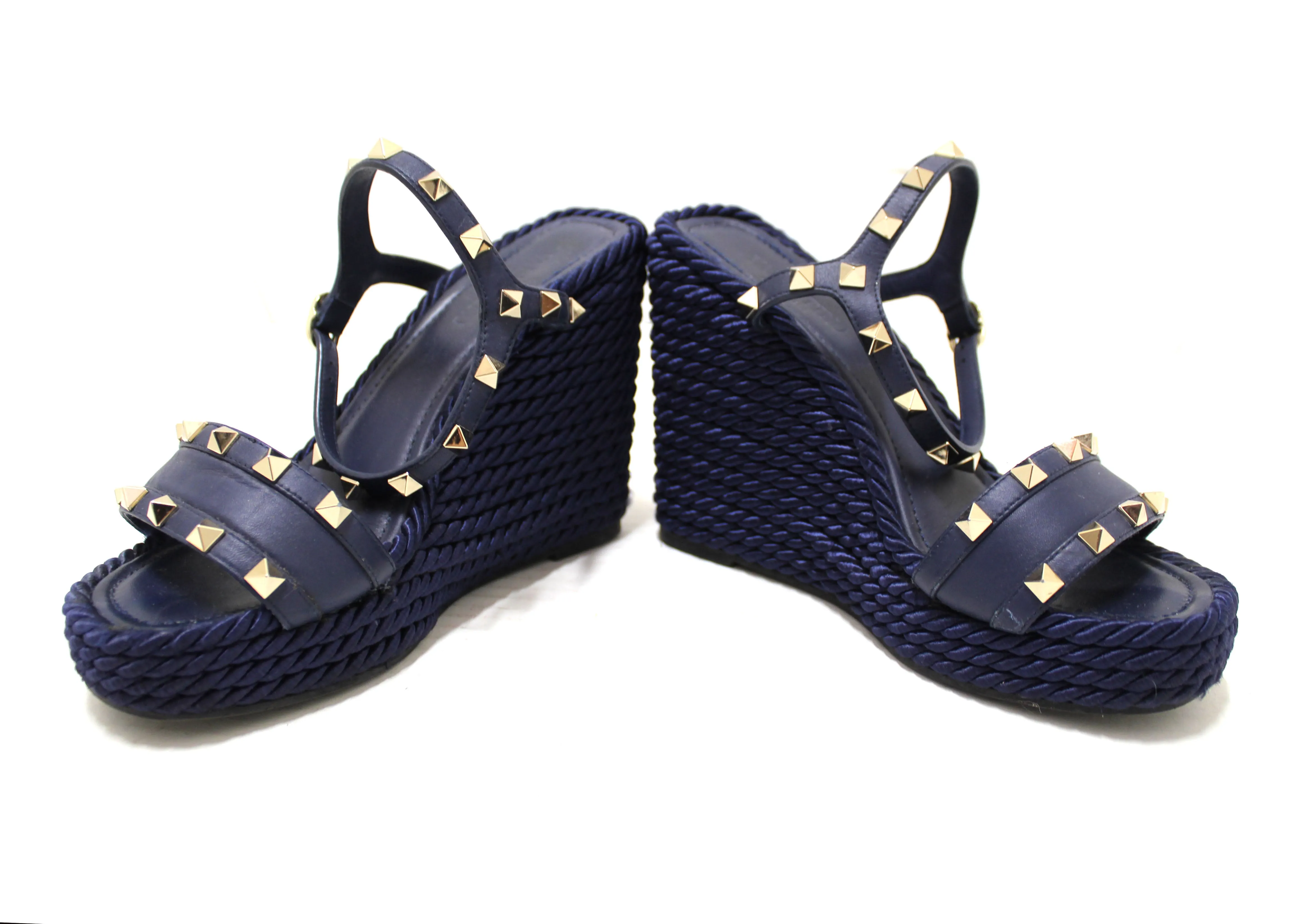 Authentic Valentino Blue Rockstud Espradrille Wedge Heel Sandal Shoes 37