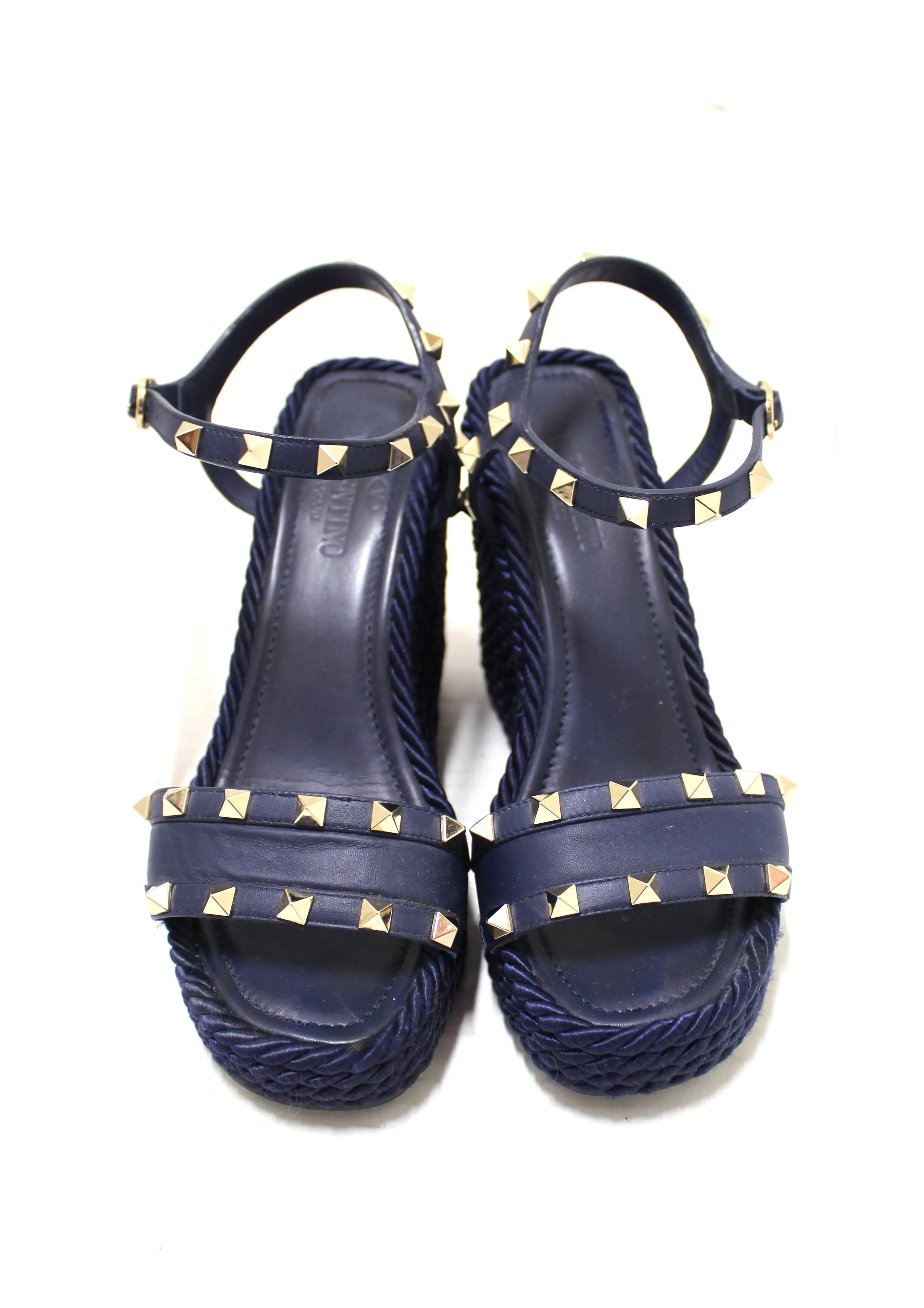 Authentic Valentino Blue Rockstud Espradrille Wedge Heel Sandal Shoes 37