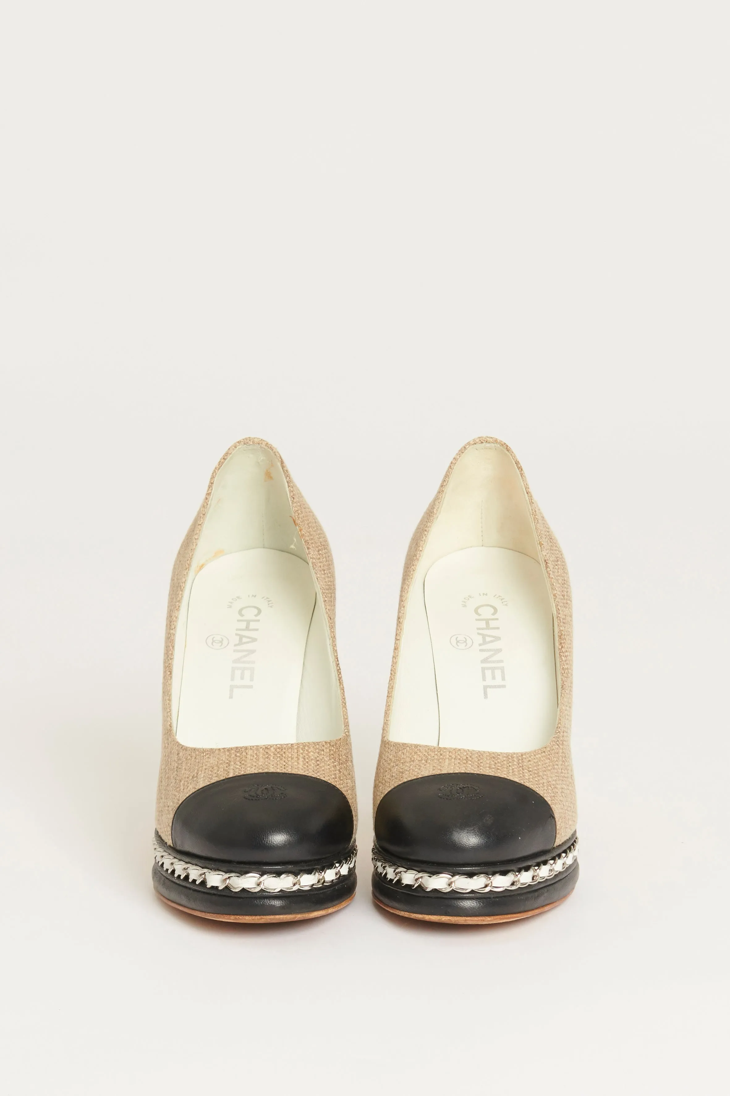 Beige Linen Cap Toe Preowned Platform Heels