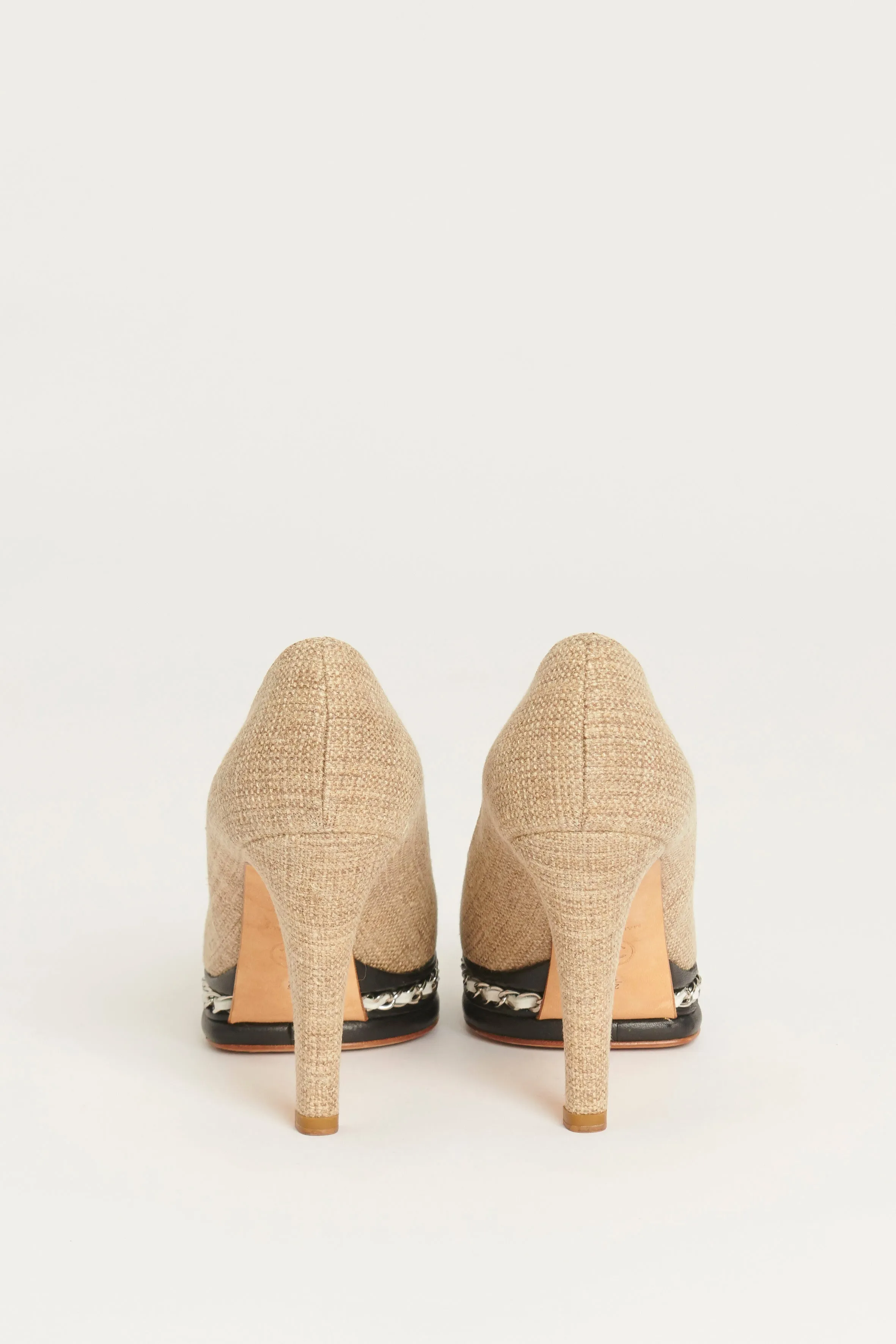 Beige Linen Cap Toe Preowned Platform Heels