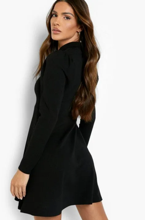 Black Long Sleeve Collared Skater Dress