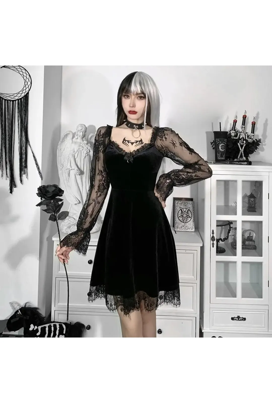 Black Long Sleeve Lace Gothic Dress