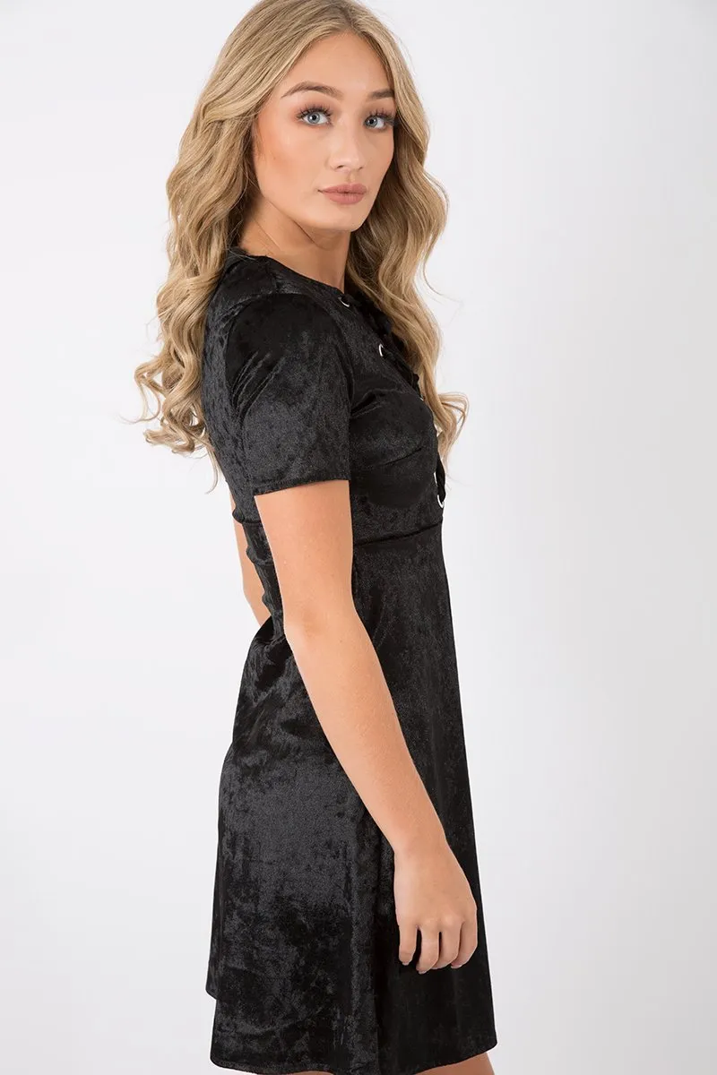 Black Velvet Lace Up Skater Dress - Taylah