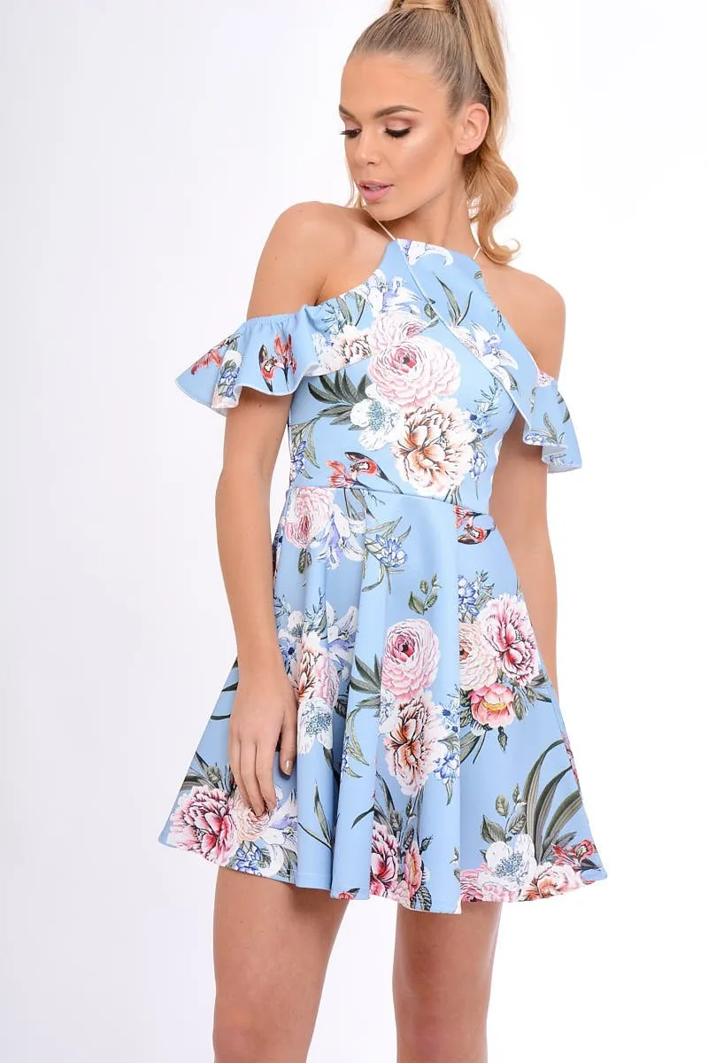 Blue Floral Cold Shoulder Skater Dress - Zoey