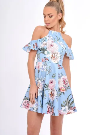 Blue Floral Cold Shoulder Skater Dress - Zoey