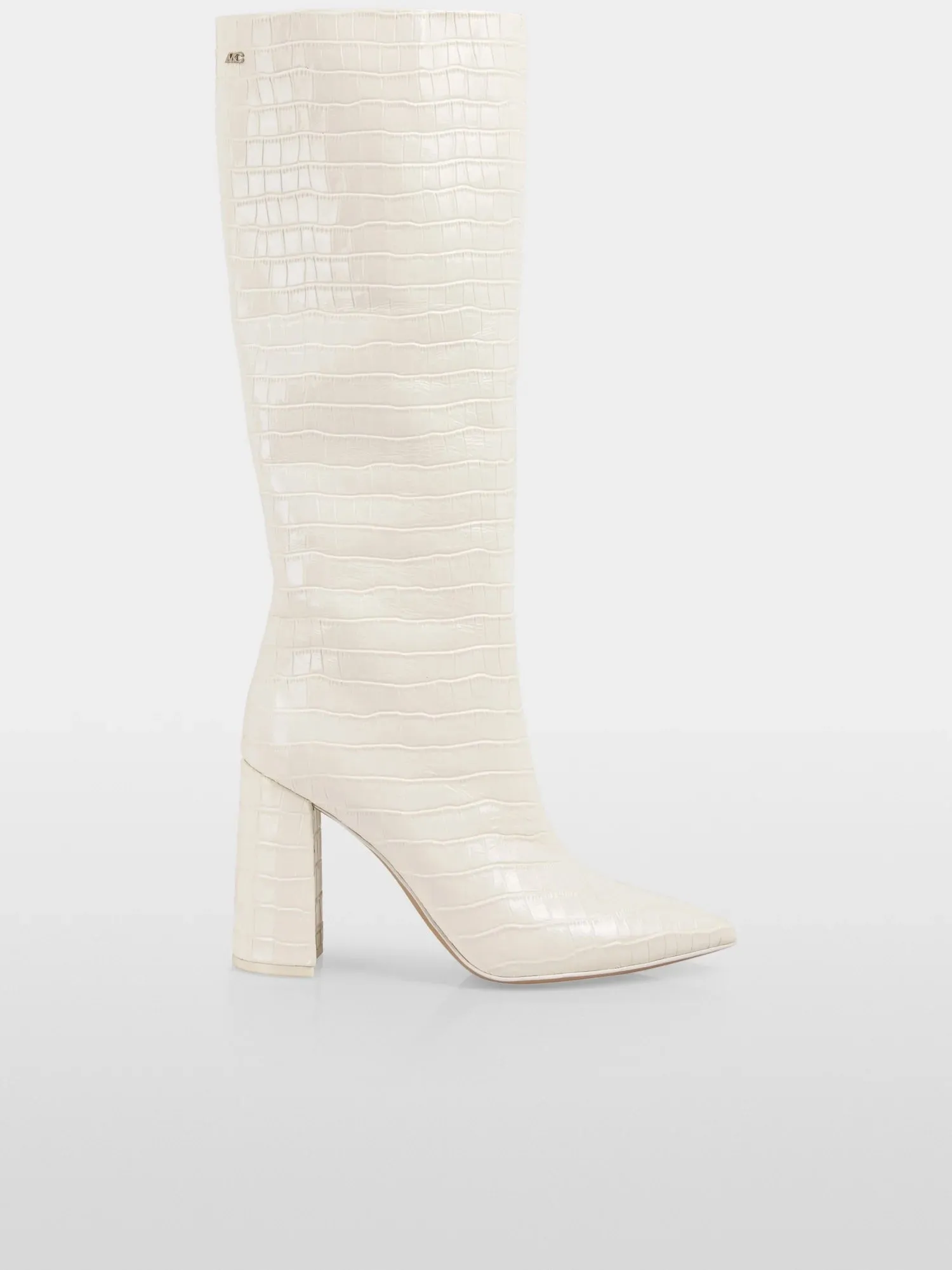 Bright Ecru Crocodile Embossed Leather High Boots