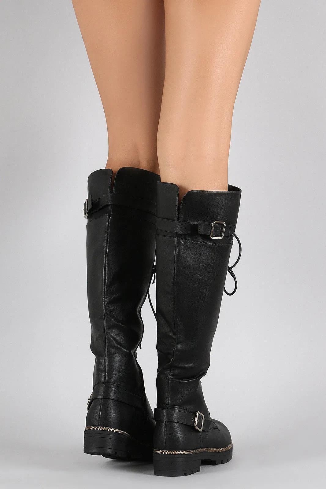 Buckled Combat Lace Up Lug Sole Knee High Boots