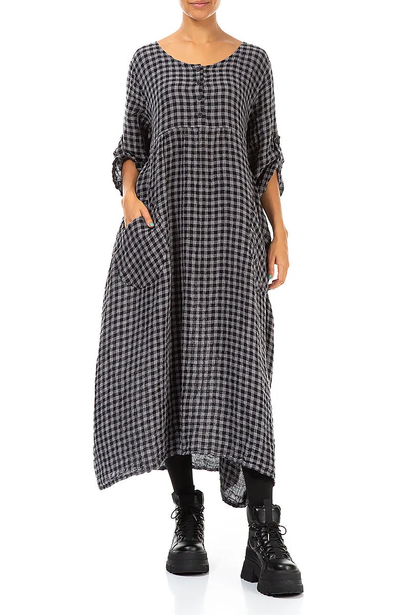 Buttoned Grey Check Linen Dress