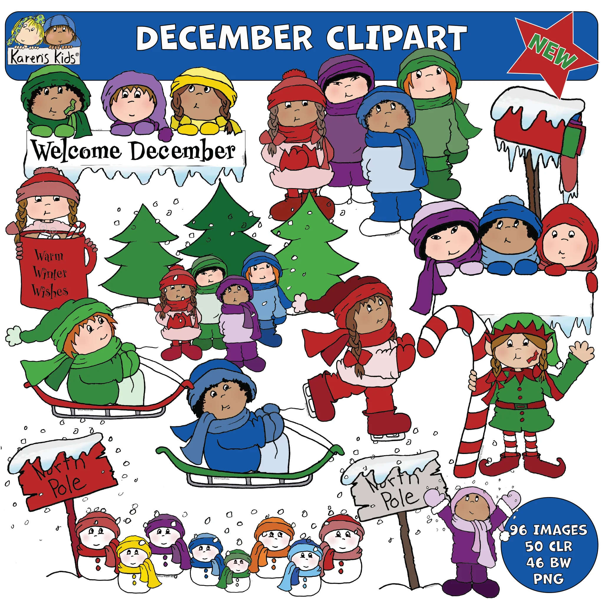 Christmas Winter Holiday Clipart Kids Candy Canes Elves Sledding (Karen's Kids Clipart)