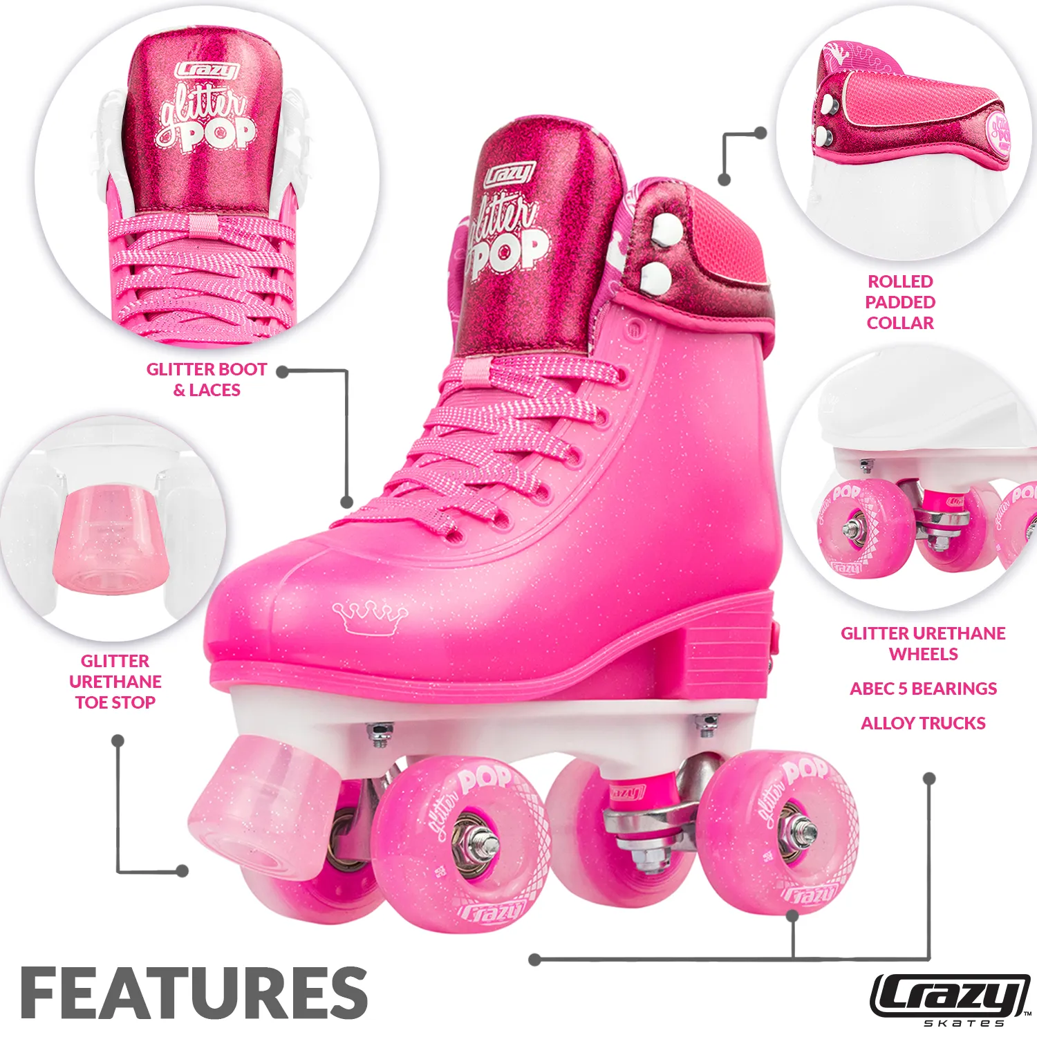 Crazy Glitter Pop Roller Skates Pink