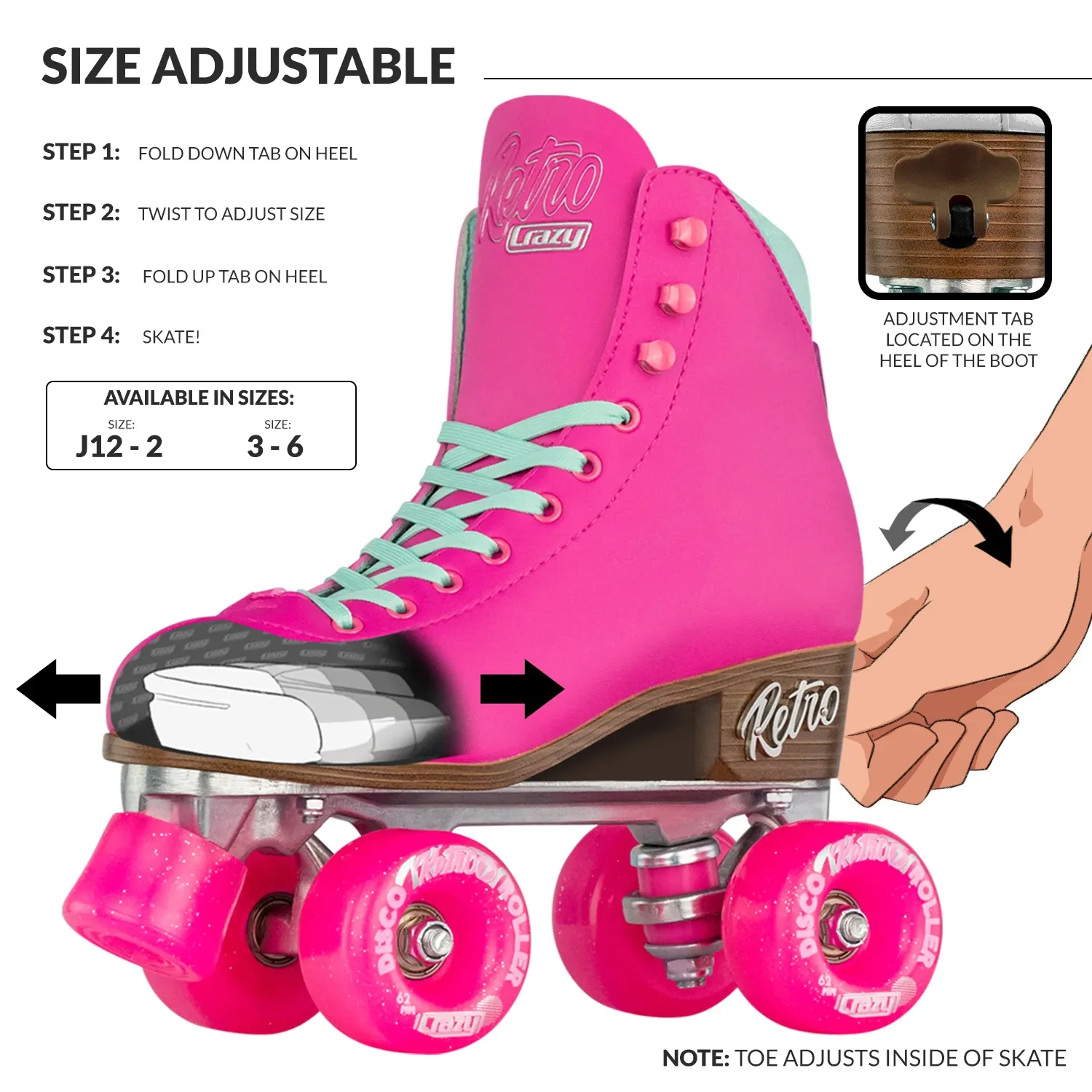 Crazy Retro Adjustable Roller Skates Pink