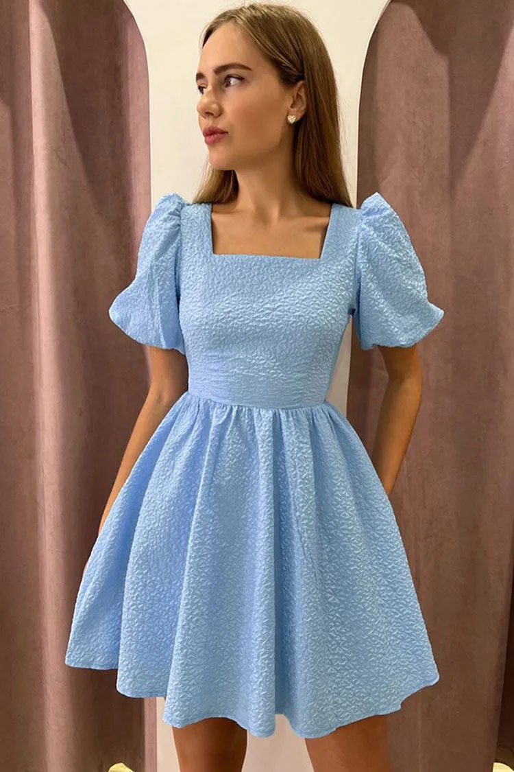 Cute Square Neck Puff Sleeve Lace Up Back Seersucker Skater Mini Dress - Sky Blue