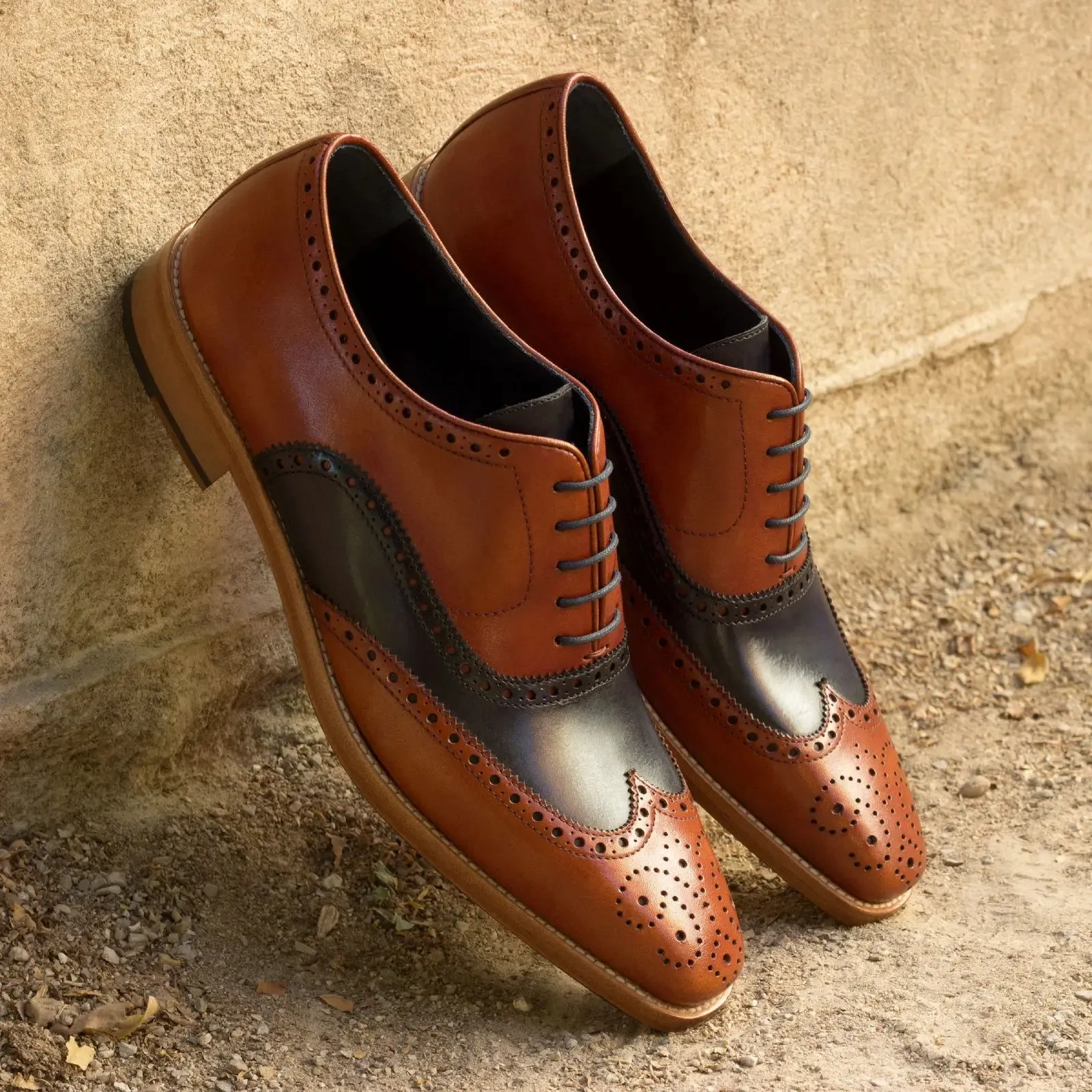 DapperFam Aeron in Cognac / Navy Men's Italian Leather Full Brogue