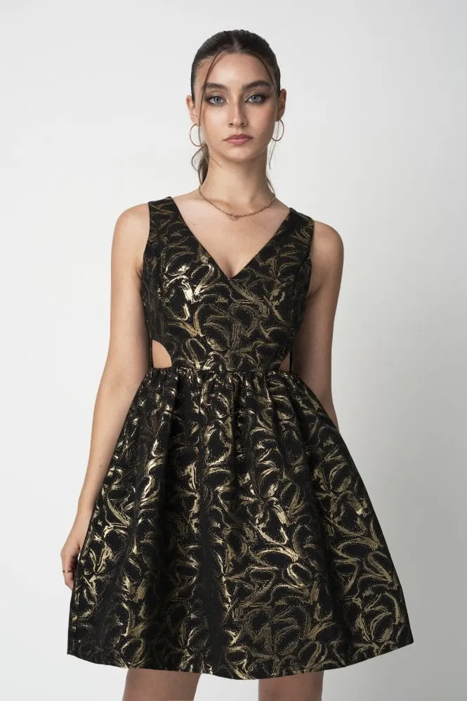 Double Second Gold Jacquard Cut Out Skater Dress