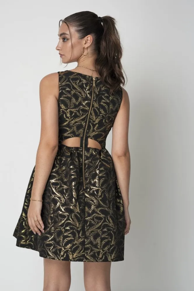 Double Second Gold Jacquard Cut Out Skater Dress