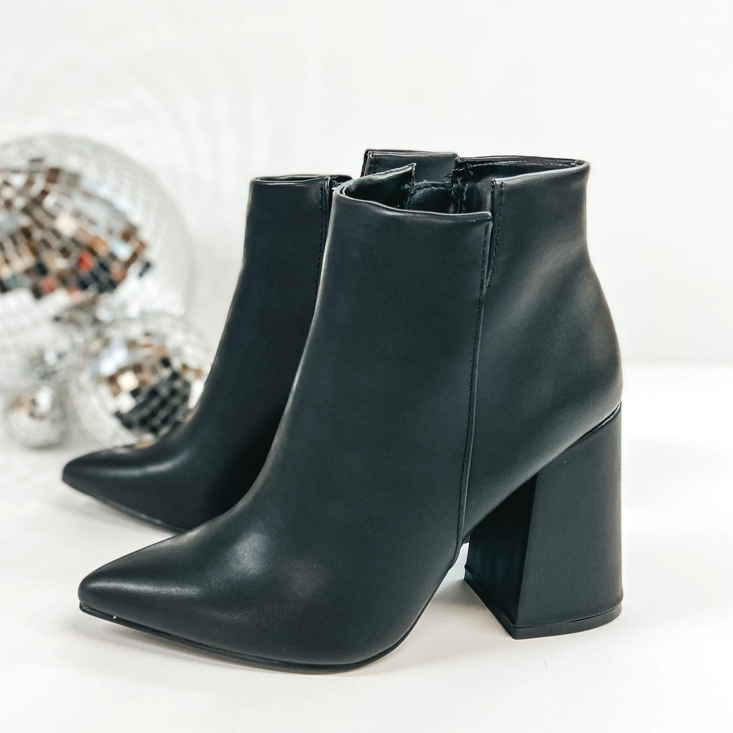 Every Night Pointed Toe Booties with Block Heel in Black