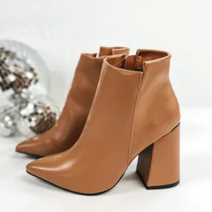 Every Night Pointed Toe Booties with Block Heel in Camel Brown