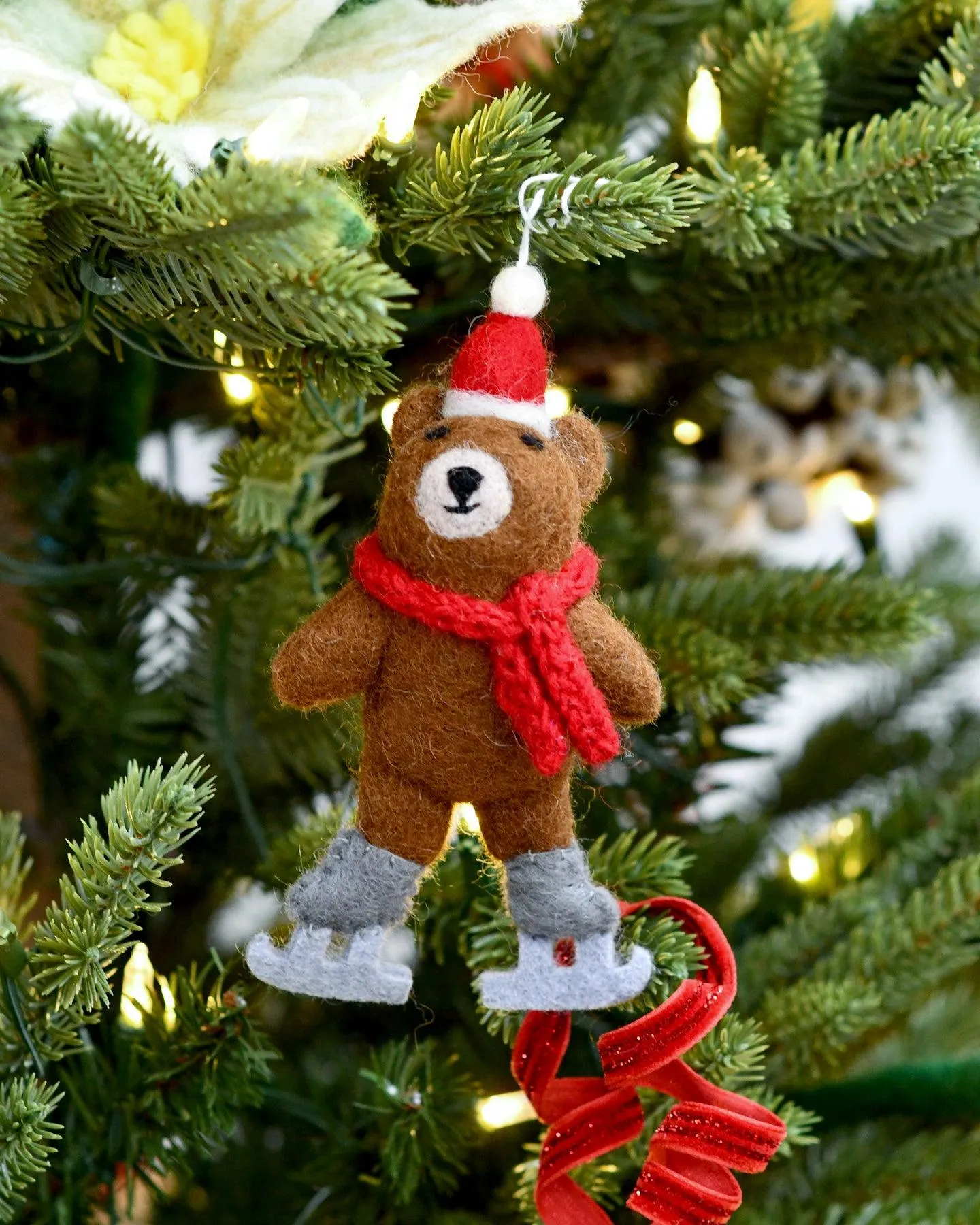 Felt Brown Bear with Ice Skates Ornament