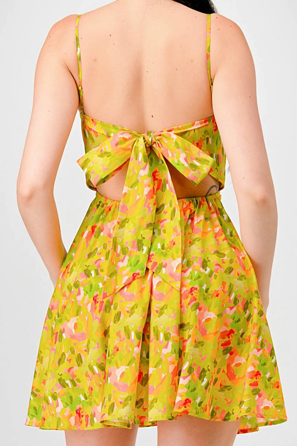 FLORAL LINEN PRINT SKATER BACK BOW TIE MINI DRESS