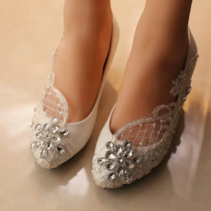 Handmade Middle Heels Pointed Toe Lace Crystal Wedding Bridal Shoes, SY0113