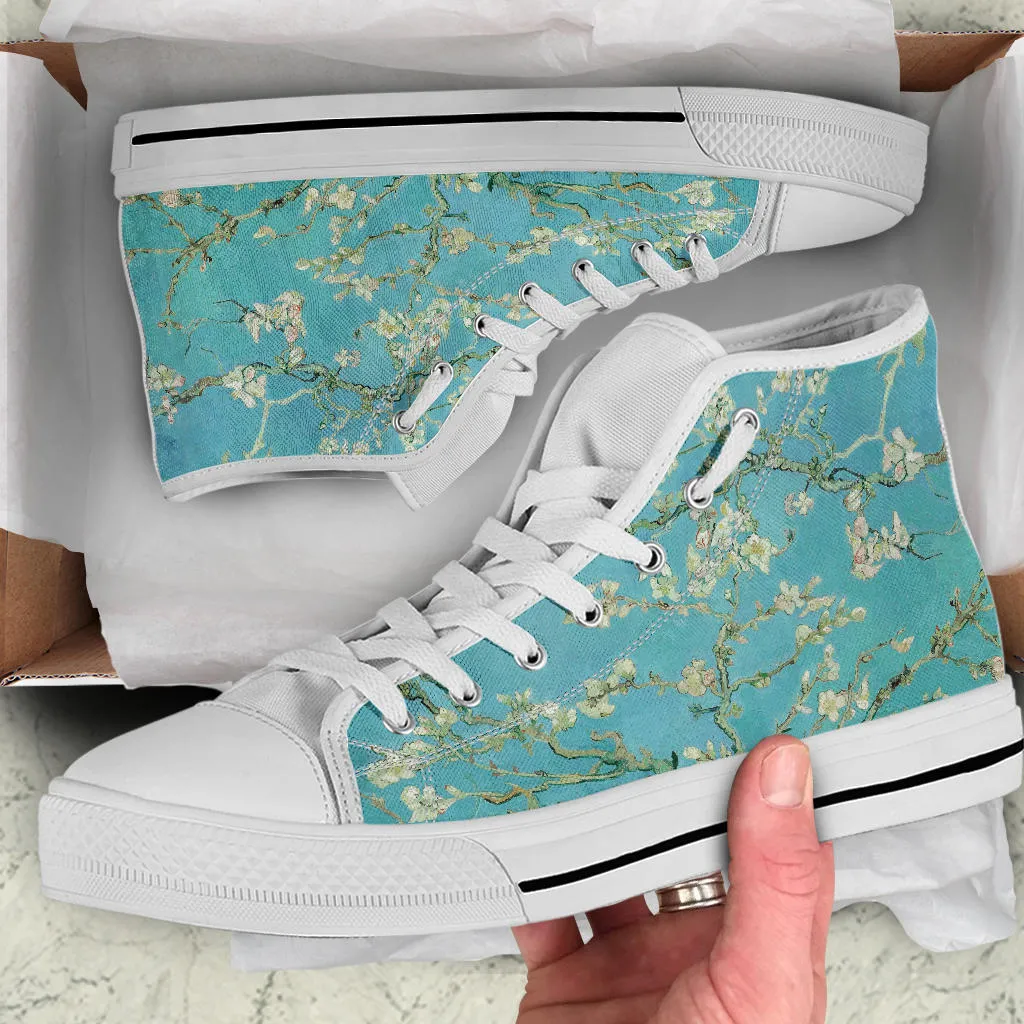 High Top Sneakers - Vintage Art | Vincent van Gogh: Almond Blossom | Custom Canvas Shoes, Customized Sneakers, Birthday Gift Idea, Green