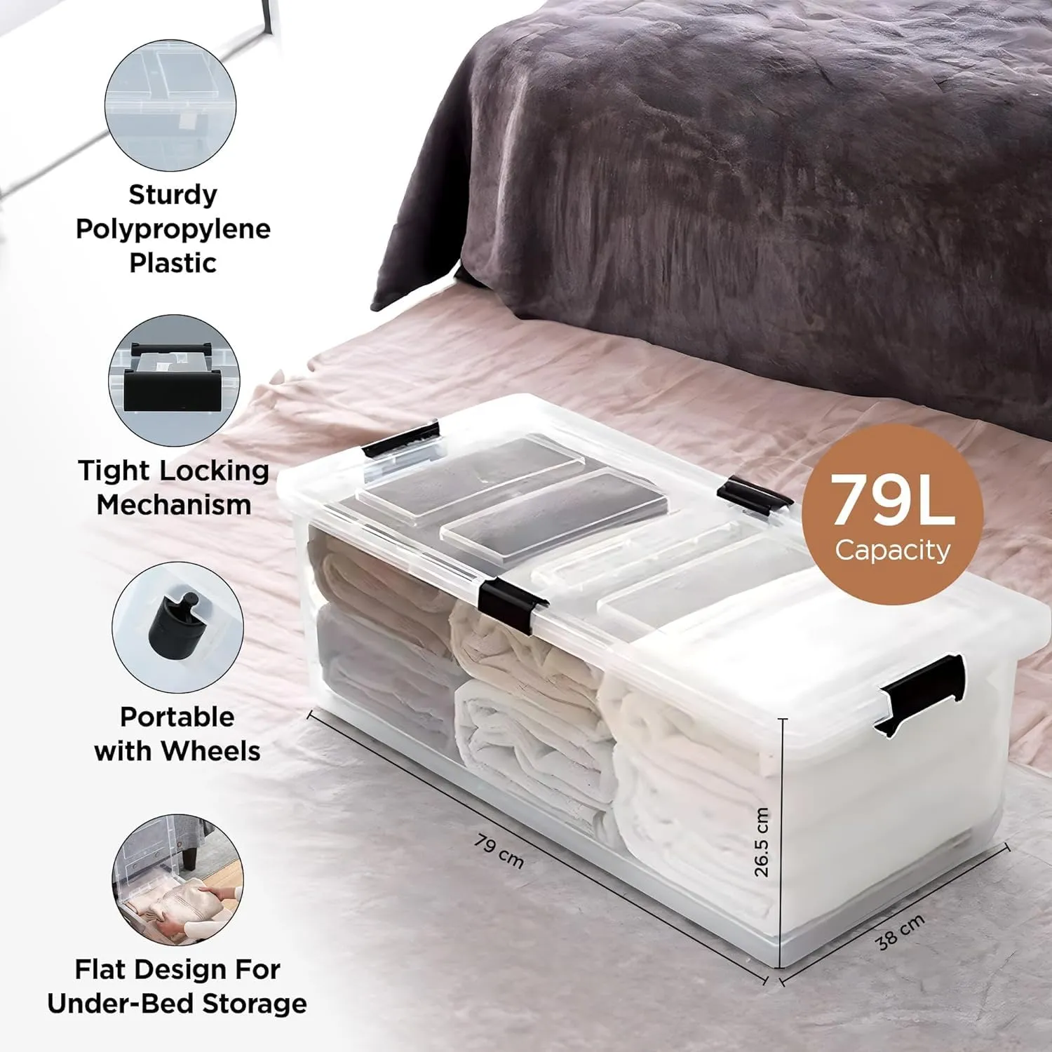 Homestic Large Capacity Underbed Storage Box with Lids and Wheels | Dustproof & Stackable | Rectangular Storage Box | Multipurpose Organizer for Clothes/Toys (79L)