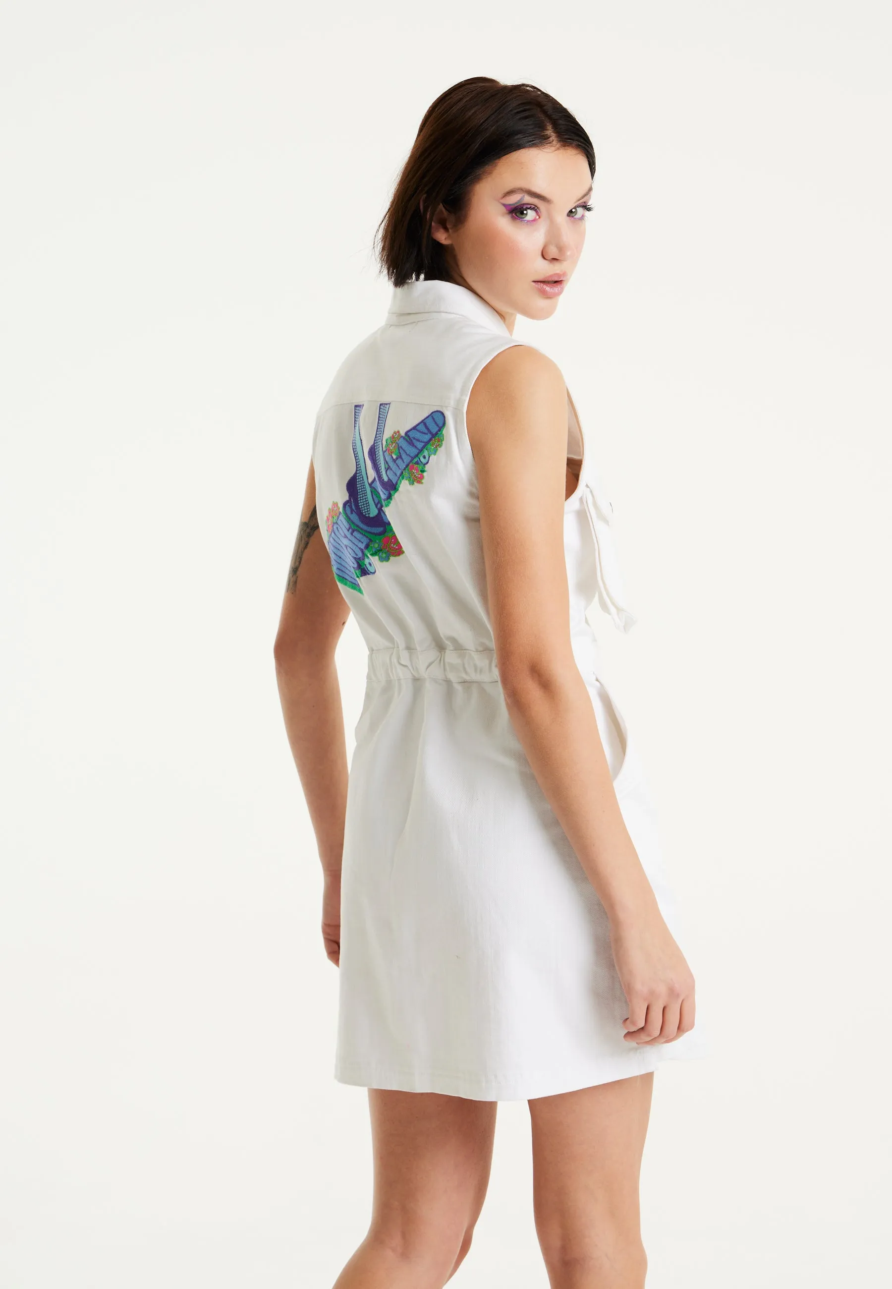 House Of Holland White Denim Mini Dress With Skater Embroidery