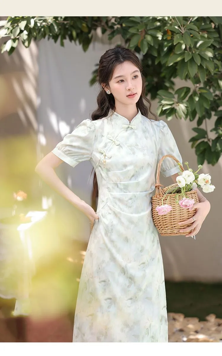 IKEARLAX Fresh Style Green Floating New Chinese Style Light Green Short Sleeve Dress Ancient Style Tight Waist Niche Elegant Thin Fresh Cold Style Cheongsam