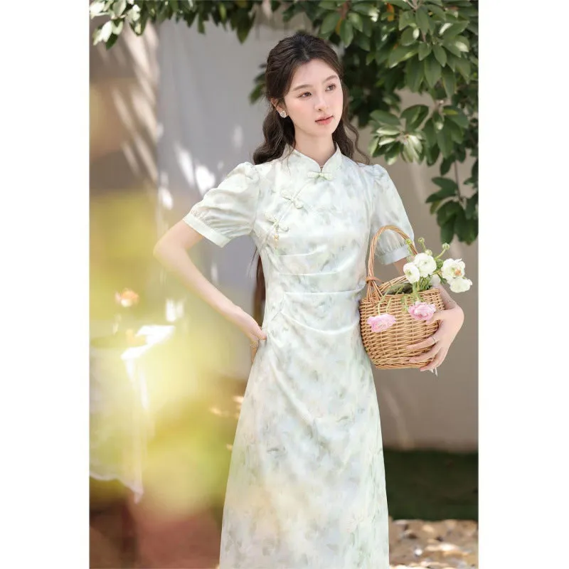 IKEARLAX Fresh Style Green Floating New Chinese Style Light Green Short Sleeve Dress Ancient Style Tight Waist Niche Elegant Thin Fresh Cold Style Cheongsam