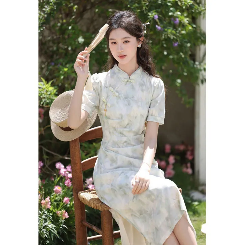 IKEARLAX Fresh Style Green Floating New Chinese Style Light Green Short Sleeve Dress Ancient Style Tight Waist Niche Elegant Thin Fresh Cold Style Cheongsam