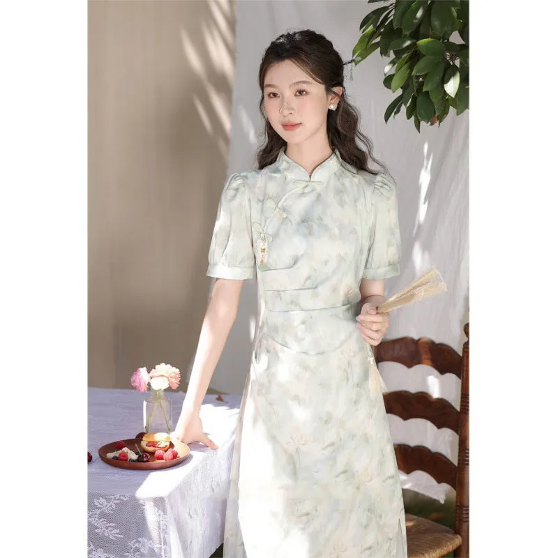 IKEARLAX Fresh Style Green Floating New Chinese Style Light Green Short Sleeve Dress Ancient Style Tight Waist Niche Elegant Thin Fresh Cold Style Cheongsam