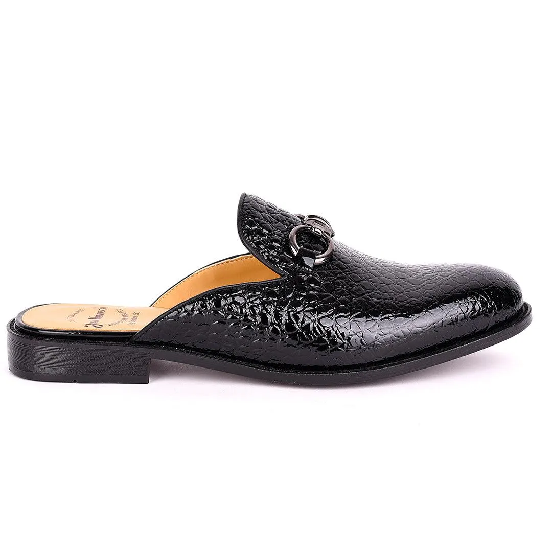 John Mendson Silver Chain Design Glossy Croc Leather Men's Half Shoe- Black