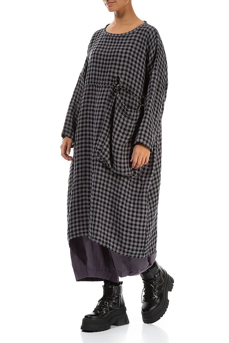 Large Side Pocket Grey Check Linen Dress