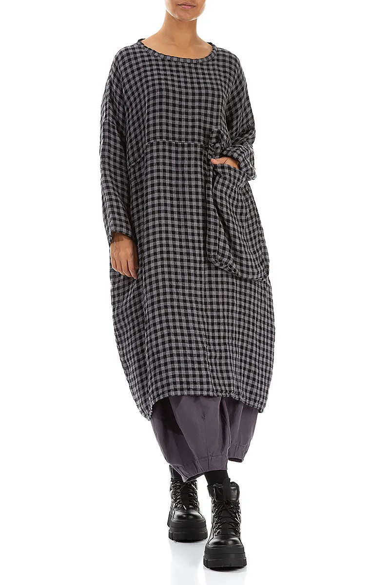 Large Side Pocket Grey Check Linen Dress