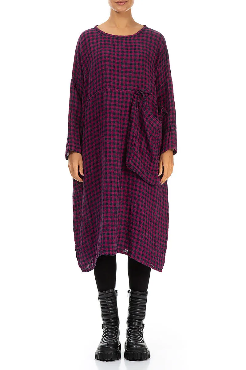 Large Side Pocket Magenta Check Linen Dress