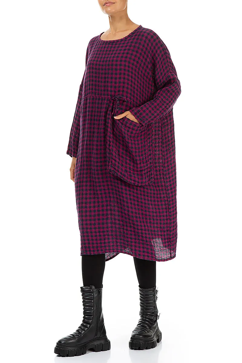 Large Side Pocket Magenta Check Linen Dress