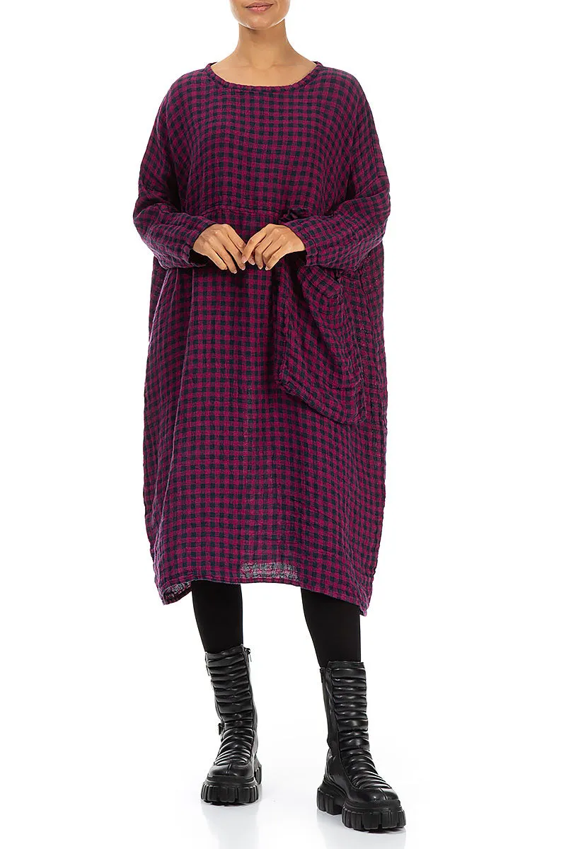 Large Side Pocket Magenta Check Linen Dress