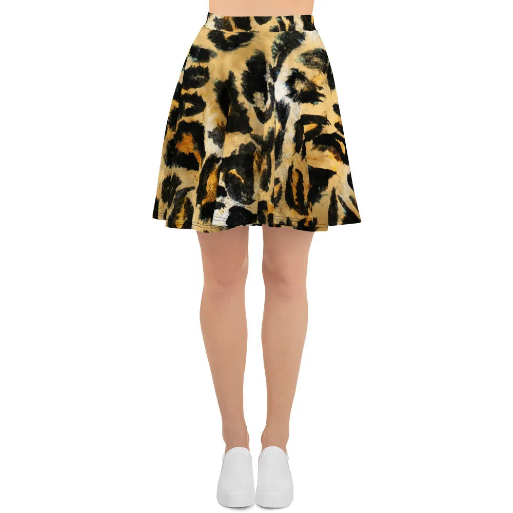 Leopard Print Women's Skater Skirt, Premium Animal Print High Waist Skirt- Made in USA/EU