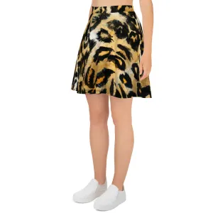 Leopard Print Women's Skater Skirt, Premium Animal Print High Waist Skirt- Made in USA/EU